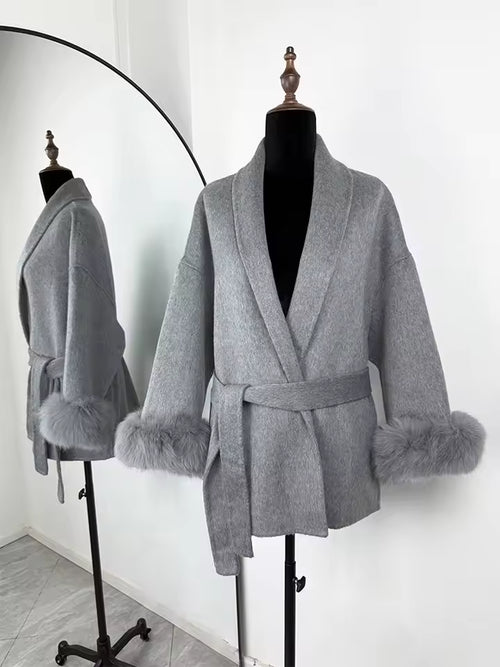 Women's Fuzzy Sleeve Wool Coat with Waist Tie